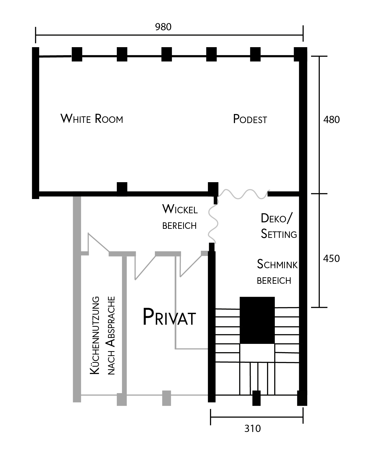 Grundriss Studio 2 – Mietfotostudio Offene Blende Chemnitz, 60 m², Weißraum Obergeschoss